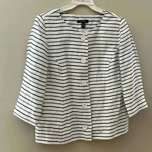 [14W]Louben 85% Linen Blend Black White Striped Button Down  3/4 Arm Blazer